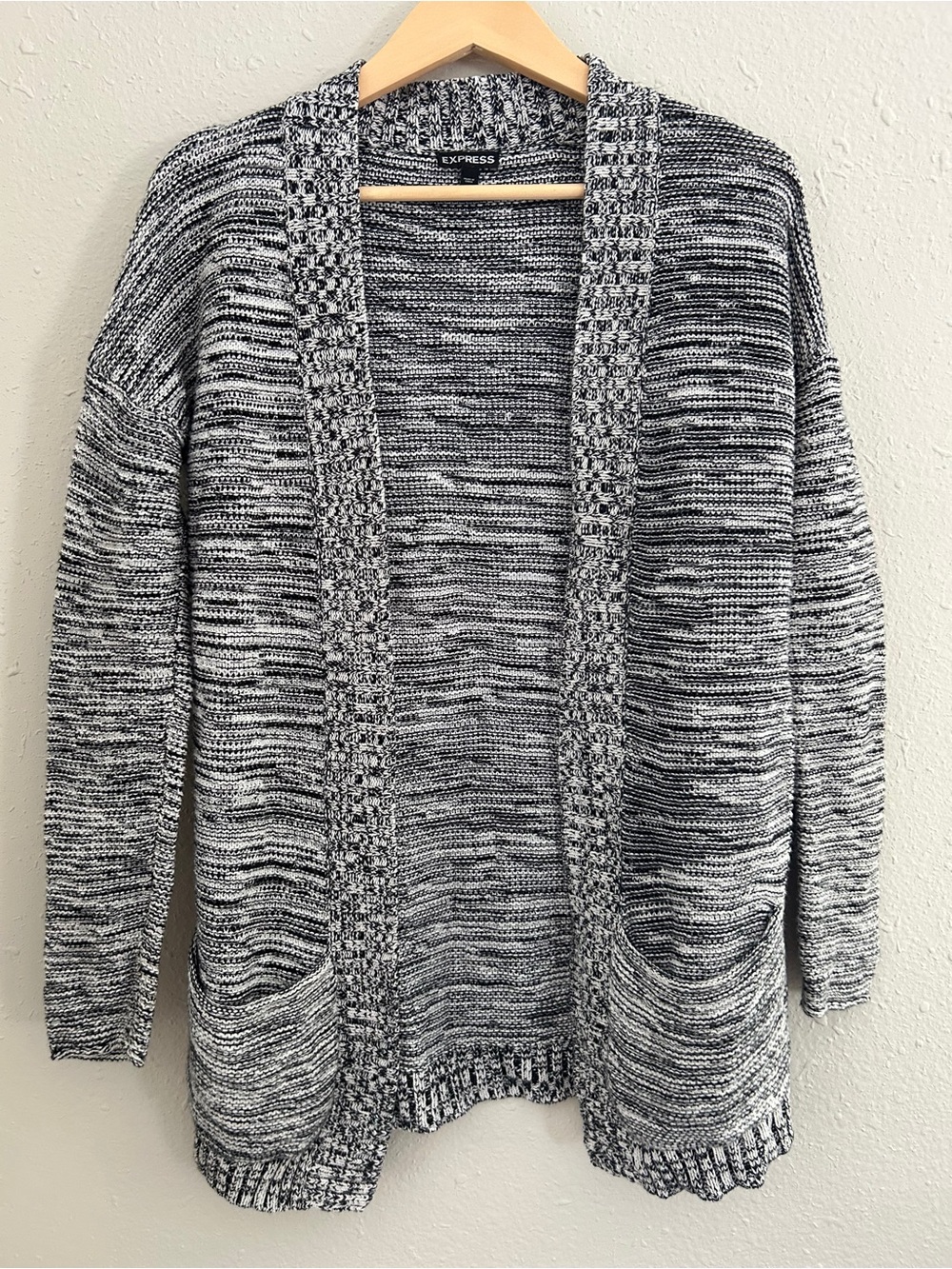 Express Black & White Marled Open-Front Cardigan XS Neutral Casual Fall